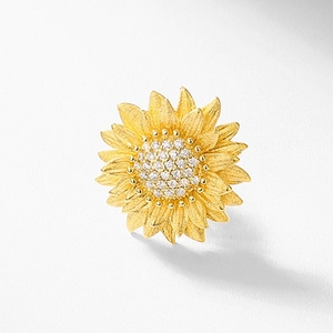 Exquisite handmade brushed gold sunflower stud earrings with sparkling zircon center