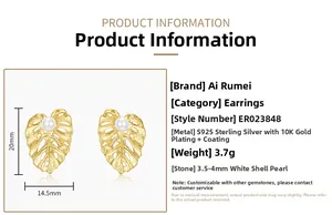 Detailed size specifications of S925 gold plated leaf earrings with shell pearls