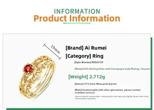 Detailed view of S925 silver ring with Mozambique garnet and champagne gold finish