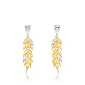 925 Sterling Silver Wheat Ear Drop Earrings Gold Plated Brushed Texture Zirconia Inlaid Long Tassel Dangle Earrings For Women