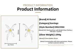 Detail specifications of S925 silver and 10K gold flower earrings with yellow zircon
