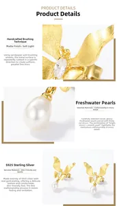 Macro detail of brushed gold butterfly earrings with S925 silver and freshwater pearls