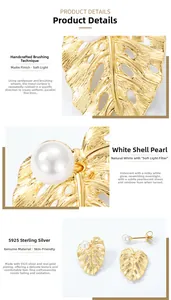 Detailed view of S925 silver brushed gold monstera leaf earrings with white shell pearl