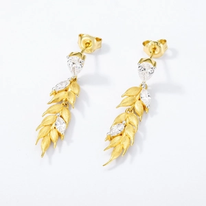 S925 silver wheat ear tassel earrings with matte gold finish and sparkling zircons