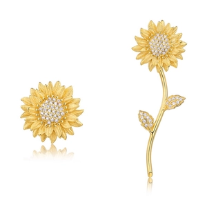 Asymmetric gold sunflower stud earrings with brushed metal petals and zircon stones