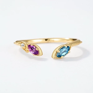 Adjustable 10K gold-plated S925 silver ring with marquise-cut blue and purple gemstones