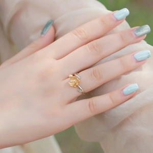 Floral S925 sterling silver ring with gold peach blossom and sparkling zircon stone