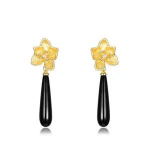 New Chinese 925 Sterling Silver Flower Dangle Earrings Natural Black Onyx Teardrop Brushed Gold Floral Earrings Women Jewelry