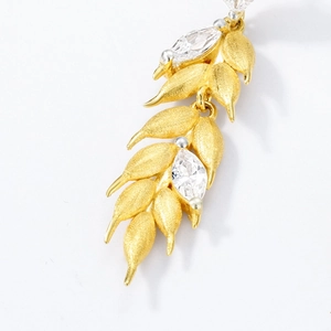 S925 silver wheat ear tassel earrings with golden brushed texture and marquise cut diamonds