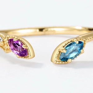 S925 silver 10K gold open ring with marquise-cut blue and purple gemstones