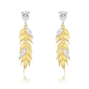 Elegant S925 silver wheat tassel earrings with zircon stones in brushed gold finish