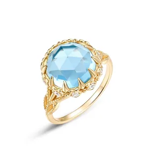 Bague de Luxe en Argent Sterling S925 Plaqué Or Avec Topaze Bleu Ciel Rond Pour Femme Élégante Bague Couronne Encrustée de Strass