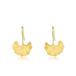925 Sterling Silver Ginkgo Leaf Hook Earrings Vintage Hand Brushed Texture Gold Plated Dangle Drop Earrings For Women Jewelry Gift