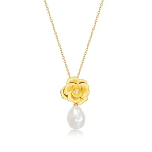 French Vintage 925 Sterling Silver Camellia Flower Pendant Necklace With Artificial Baroque Pearl Elegant Brushed Gold Choker For Women Jewelry