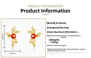 Detailed specs of gold S925 silver leaf earrings with red agate and dimensions