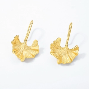 Ginkgo leaf S925 silver gold-plated hook earrings with textured brushed metal finish