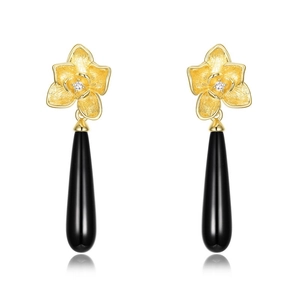 Brushed gold orchid earrings with teardrop black agate pendants and clear zircon studs
