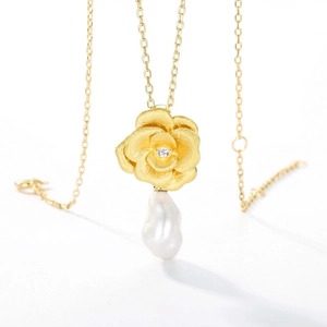 French vintage S925 silver camellia necklace with baroque pearl and matte gold finish