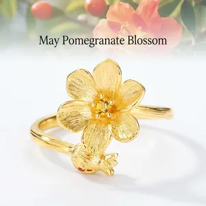 Bague Ouverte Ajustable en Argent Sterling S925 Fleur de Grenade Brossée Plaqué Or 10K Zirconia Bijoux Floraux pour Femmes