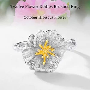 Bague Ouverte en Argent Sterling 925 Or 10K Fleur d'Hibiscus pour Femme Fait Main Brossé Branche Florale Ajustable Bijoux