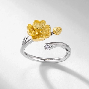 New Chinese vintage S925 sterling silver peach blossom open ring with brushed gold texture