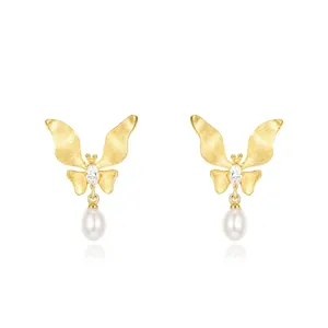 925 Sterling Silver Butterfly Drop Earrings Elegant Brushed Gold Butterfly Earrings With Freshwater Pearl Zirconia Jewelry