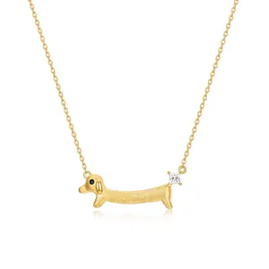 Collier en Argent Sterling 925 Teckel Chien Plaqué Or Brossé à la Main Animal Chiot Pendentif Collier Avec Zirconia Bijoux Femme