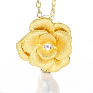 French vintage S925 silver necklace with camellia flower and baroque pearl pendant