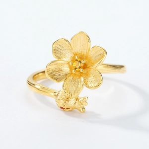 Adjustable S925 sterling silver pomegranate flower ring with matte gold brushed finish