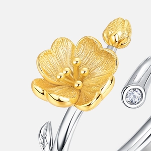 S925 sterling silver peach blossom open ring with matte gold petals and zircon detail