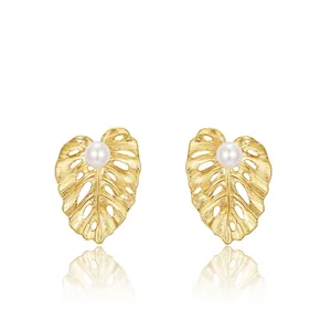 S925 Sterling Silver Monstera Leaf Stud Earrings With White Artificial Pearl Gold Plated Brushed Texture Tropical Plant Women Jewelry