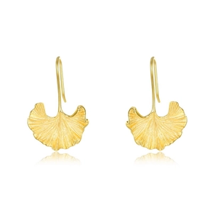 Elegant gold ginkgo leaf dangle earrings with textured veins and minimalist hooks