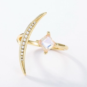 S925 sterling silver moon star open ring with natural blue moonstone and zircon stones