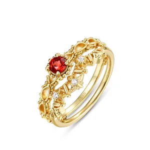 Vintage 925 Sterling Silver Red Garnet Open Ring For Women Palace Style Gold Plated Rhinestone Lace Jewelry Finger Ring
