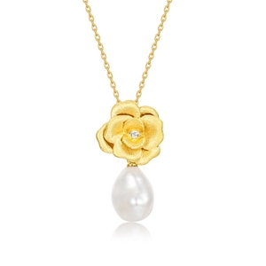 Elegant gold camellia flower pendant with baroque pearl on silver necklace chain