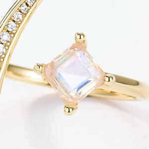 Elegant S925 silver moonstone ring with square cut gem and pavé gold band details