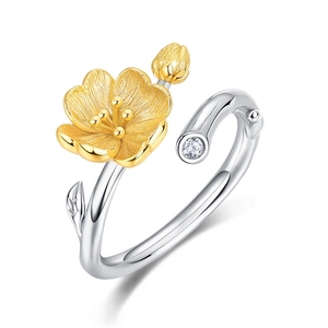 New Chinese style S925 silver open ring with brushed gold flower and clear zircon stone
