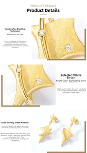Detail of 925 sterling silver star fringe earrings with gold plating and white zircon