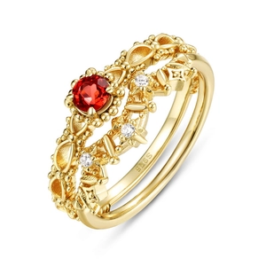Vintage gold S925 sterling silver ring set with red pomegranate stone and pavé accents