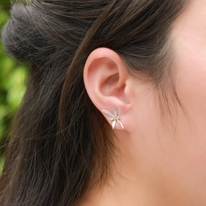 Elegant S925 silver osmanthus flower stud earring with yellow zircon on model ear