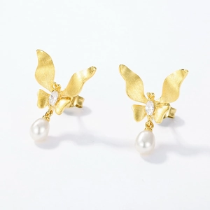 Italian brushed gold butterfly earrings with teardrop pearls and marquise zircons