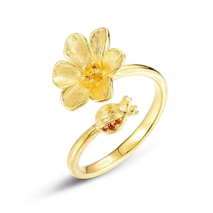 Bague réglable fleur de grenade en argent S925 brossé avec gemmes rouges et jaunes