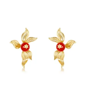 Vintage 925 Sterling Silver Red Agate Stud Earrings For Women Gold Plated Brushed Leaf Design Floral Elegant Fine Jewelry