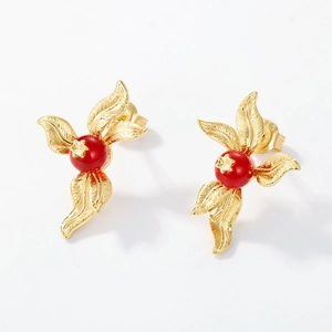 Vintage gold S925 sterling silver leaf earrings with red agate beads and brushed texture