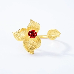 Artistic brushed S925 silver flower ring with red gemstone and adjustable opening