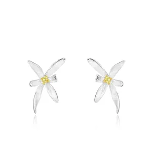 S925 Sterling Silver Osmanthus Flower Stud Earrings Yellow Zirconia Inlaid Gold Plated Floral Ear Jewelry For Women
