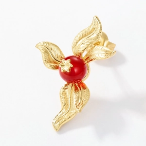 Retro golden S925 silver leaf earrings with red agate beads and star details