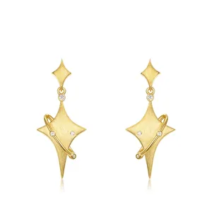 925 Sterling Silver Brushed Four-Pointed Star Drop Earrings With Zirconia Gold Plated Planet Dangle Jewelry For Women