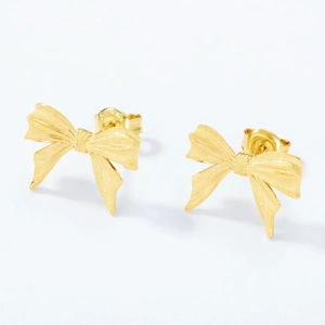 Elegant brushed S925 silver bow stud earrings with a refined matte gold-plated finish