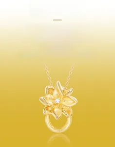 Détail macro du pendentif floral en argent S925 plaqué or avec texture métal brossé